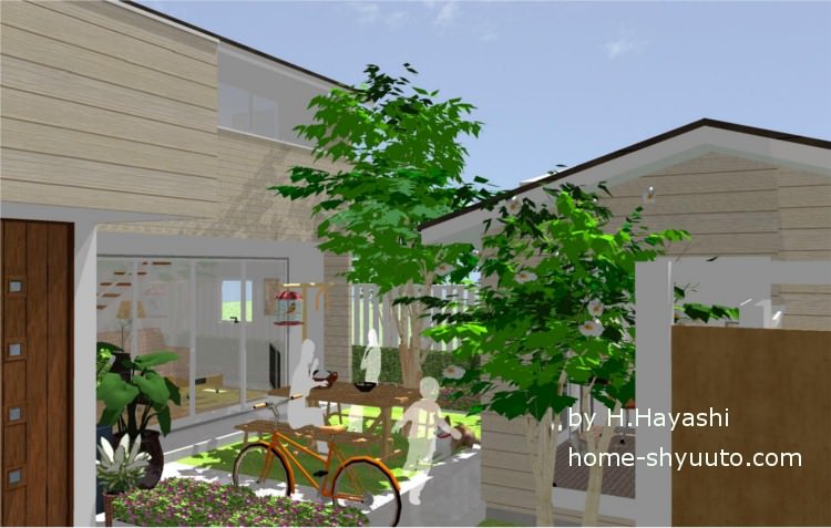 中庭と離れでくつろぐ家族のイメージ 中庭と離れでくつろぐ家族のイメージ